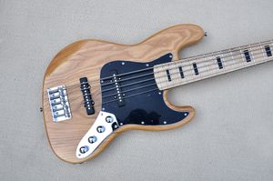 Factory Custom Natural Wood Color 5-string Electric Bass Guitar with Ash Body Block Inlay Black Pickguard Offer Customized