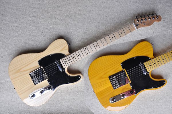 Guitare électrique jaune clair de couleur bois naturel personnalisée en usine avec corps en frêne touche en érable Pickguard noir matériel chromé pouvant être personnalisé