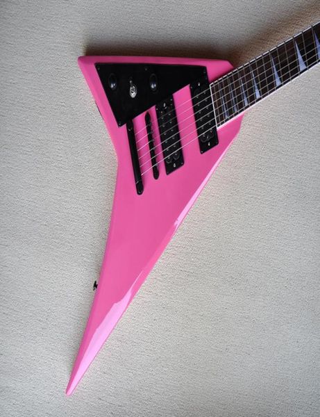 Guitare électrique rose personnalisée en usine pour gaucher avec Haedstock inversé, touche en palissandre, 24 frettes, matériel noir, peut être personnalisée 3349032