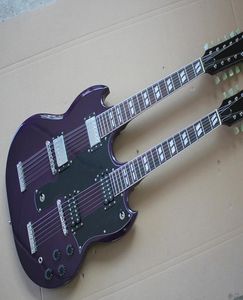 Factory Custom Purple Double Neck Electric Guitar met 612 Strings Guitarchrome Hardwarewhite Pickguardoffer Customized3418878