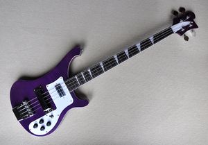 Guitare basse électrique violette personnalisée en usine avec placage d'érable flammé blanc Pickguard touche en palissandre reliure blanche corps et cou offre personnalisée