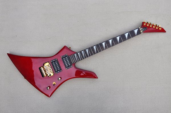 Guitarra eléctrica de cuerpo rojo personalizada de fábrica con diapasón de palisandro, herrajes dorados, chapa de arce flameado, que ofrece servicios personalizados