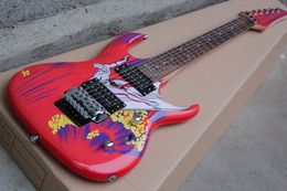 Guitarra eléctrica roja personalizada de fábrica con patrón de surf, puente Floyd Rose, herrajes cromados, 24 trastes, se puede personalizar