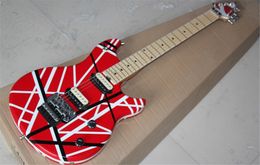 Guitarra eléctrica roja personalizada de fábrica con tiras blancas, diapasón de arce, puente de roca doble, se puede personalizar