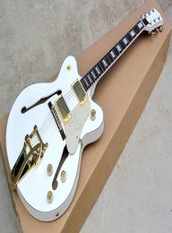 Diapasón de palisandro personalizado de fábrica, guitarra eléctrica semihueca de cuerpo blanco con herrajes dorados, puente trémolo, se puede personalizar 3783554