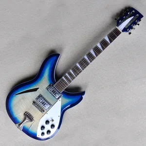 Guitarra eléctrica semihueca Blue Sunburst personalizada de fábrica con 12 cuerdas Chrome Hardware Flame Maple Veneer se puede personalizar