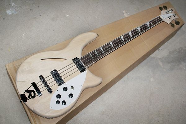 Guitare basse électrique de couleur bois naturel semi-creux personnalisé en usine sans peinture, Pickguard blanc, touche en palissandre, offre personnalisée