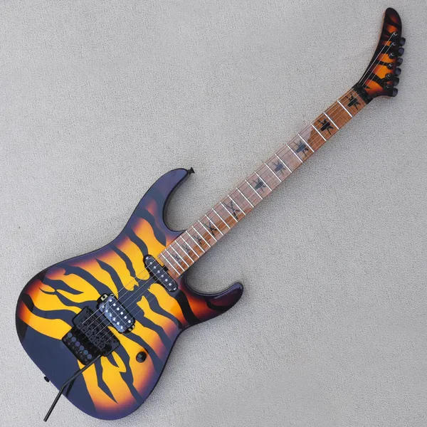 Guitarra eléctrica Sunburst personalizada de fábrica con pegatina de tiras de tigre Diapasón de arce flameado asado Puente de roca doble Pastillas SH Se puede personalizar