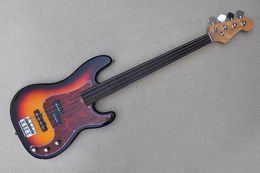 Guitare basse électrique à 4 cordes Tobacco Sunburst personnalisée en usine Matériels chromés Fretless Touche en palissandre Rouge Pickguard Offre personnalisée