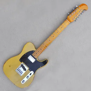 Guitare électrique jaune transparente personnalisée en usine avec 12 cordes de guitare de style relique, le matériel chromé en érable peut être personnalisé
