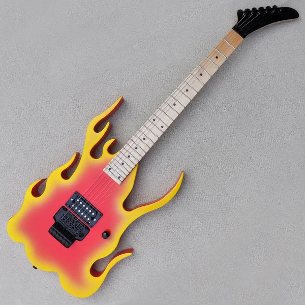 Guitarra eléctrica con forma de llama inusual personalizada de fábrica con pastillas H Floyd Rose 24 trastes Oferta de diapasón de arce personalizada