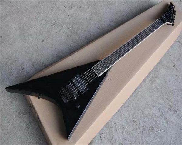 Guitarra eléctrica negra en forma de V personalizada de fábrica con hardware negro Puente Floyd Rose Se puede personalizar 8518616