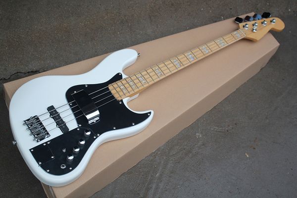 Guitare basse électrique blanche à 4 cordes, personnalisée en usine, avec incrustation de perles blanches, Pickguard noir, couvercle de micro, offre personnalisée