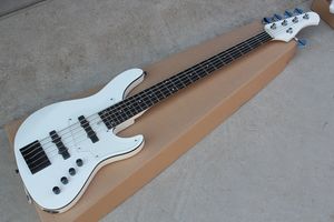 Guitare basse électrique 5 cordes blanche personnalisée en usine avec touche en palissandre, Pickguard transparent, matériel noir, offre personnalisée