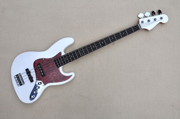 Guitare basse électrique blanche personnalisée en usine avec matériel chromé Pickguard rouge 4 cordes Offre de manche en palissandre personnalisée