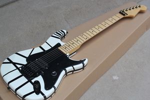 Guitare électrique blanche personnalisée en usine avec bandes noires, incrustation de frette à pois, manche en érable, peut être personnalisée