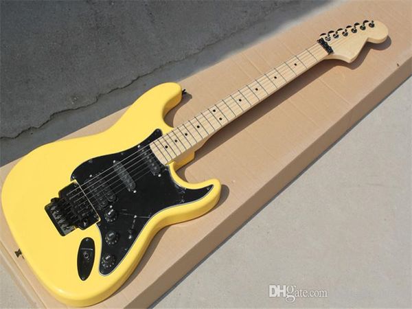 Guitarra eléctrica personalizada de fábrica Yellow Floyd Rose con golpeador negro, diapasón de arce, pastillas SSH, que ofrece servicios personalizados