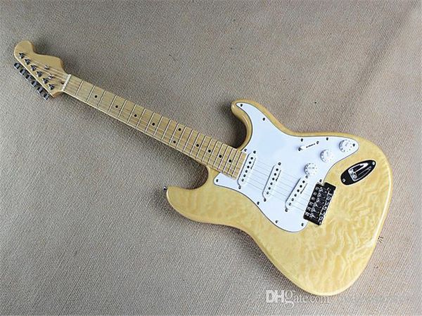 Guitarra eléctrica con cuerpo de patrón amarillo personalizado de fábrica con golpeador de escritura, pastillas 3S, herrajes cromados, se puede cambiar