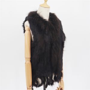 Factory Customized Fashion Real Rabbit Fur Tassel Vest High-end Women Knitted Sleeveless Vests Natural Raccoon Jacket 211220