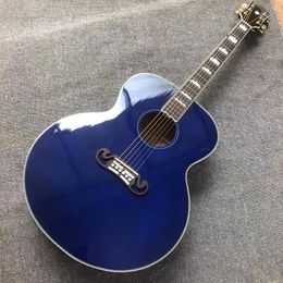 Guitarra personalizada de fábrica, tapa de abeto macizo, diapasón de palisandro, aros y fondo de arce, guitarra acústica Jumbo azul de alta calidad de 42"