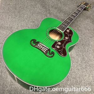 Guitarra personalizada de fábrica, tapa de abeto macizo, diapasón de palisandro, aros y fondo de arce, guitarra acústica Jumbo verde de alta calidad de 42 