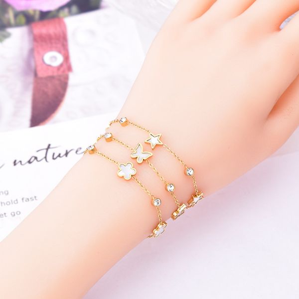 Diseño de fábrica, pulsera con dije de flor y estrella de corazón de concha blanca, joyería de cadena de acero inoxidable para regalo de mujer