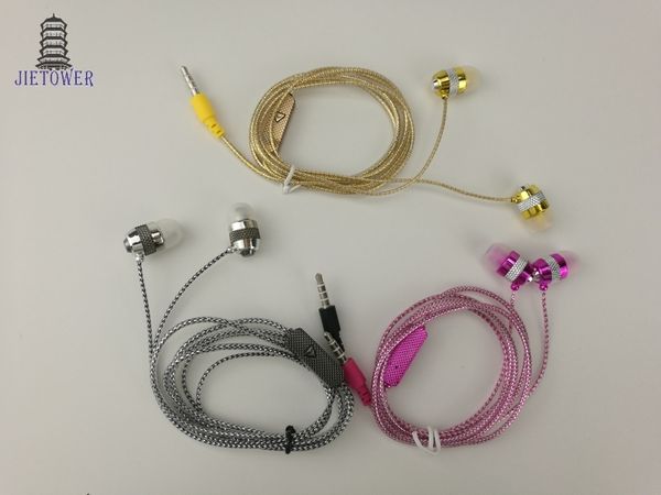 Offre directe d'usine gros éclat paillettes or ruban rose écouteurs oreillette casque avec microphone micro ligne de cristal 3 Colorcp-15 100pcs