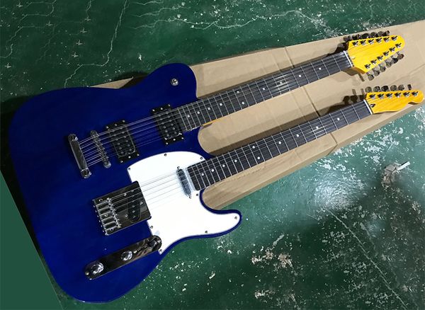 Vente directe d'usine 12 + 6 cordes guitare électrique à double manche bleu marine avec touche en palissandre, micros Humbucker, matériels chromés