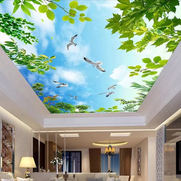 Venta directa de fábrica Cielo azul personalizado Nubes blancas de hojas verdes Papel pintado Sala de estar Habitación Dormitorio Decoración de techo Mural Foto