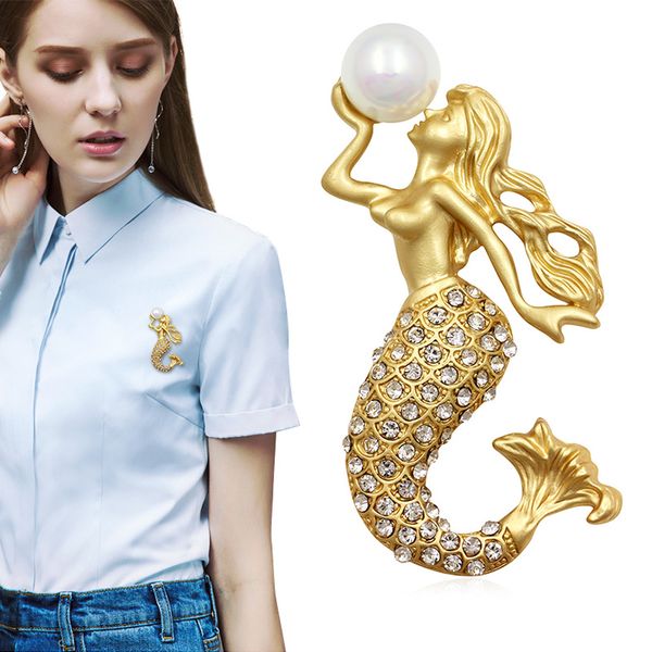 Broches de sirena de diamantes de imitación de cristal de oro/plata mate de venta directa de fábrica con perla simulada para regalo de joyería de señora