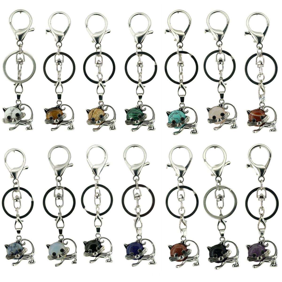 Factory Direct Sale Stainless Steel Cat Keychain Multiple Natural Crystal Gemstone Cute Cat Pendant Keychain with Metal Chain