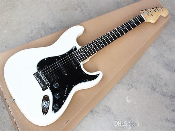 Guitare électrique blanche à vente directe d'usine avec pickguard noir, micros SSH, manche en palissandre, offrant des services personnalisés