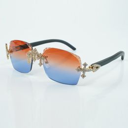 Fabriek directe verkoop mode kruis volledige set diamantgeslepen zonnebril 3524018 met zwarte houten arm UV-bescherming en zonbeschermingsbril, maat 18-135 mm