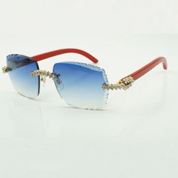 Ventes directes d'usine mode de luxe nouvelles lunettes de soleil en bois diamant 5,0 mm 3524014 lunettes de soleil jambes en bois rouge naturel gravées grande lentille
