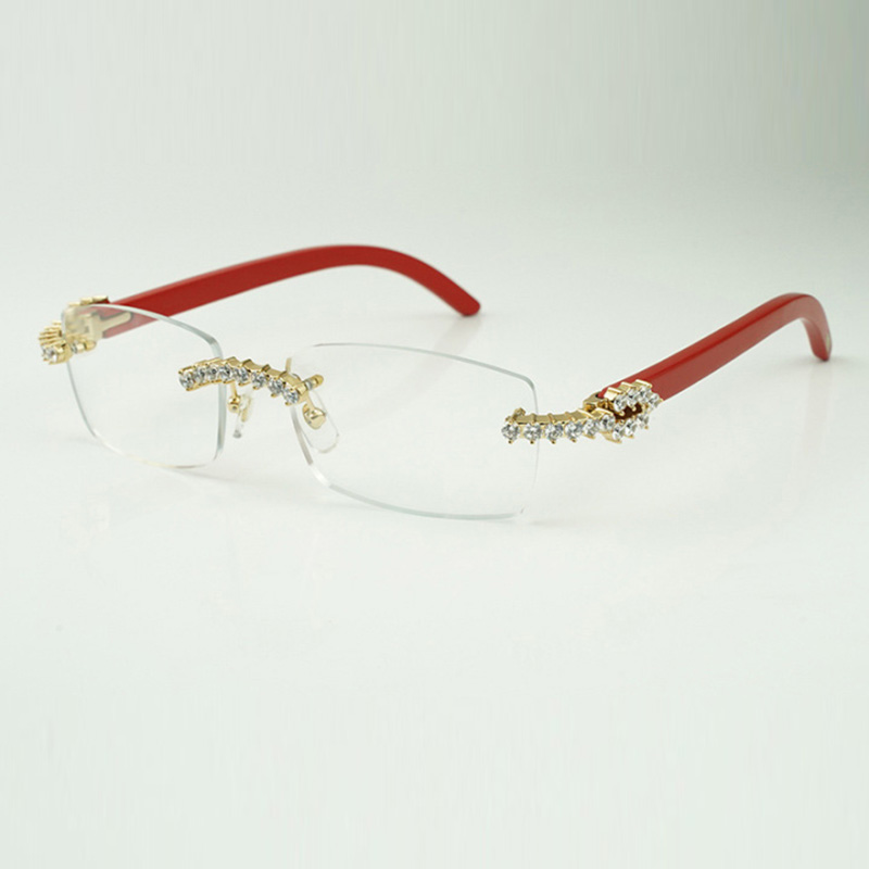 Fabryczna bezpośrednia sprzedaż nowych 5,0 mm niekończące się okulary diamentowe 3524012 z naturalnymi czerwonymi drewnianymi nogami i 56 mm przezroczystymi soczewkami
