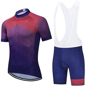 Fabriek directe verkoop Paarse heren jersey set met korte mouwen, ademende wielrenkleding, racefietsshirts, shorts met 20D gewatteerd, sneldrogend