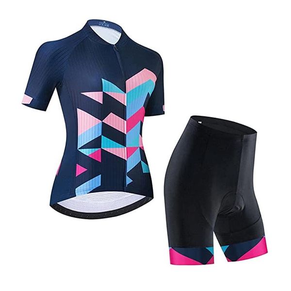 Venta directa de fábrica Conjunto de jersey para mujer Kit de camisetas de bicicleta de carretera transpirables Ropa de ciclismo de manga corta con pantalones cortos con pechera acolchados de gel 20D