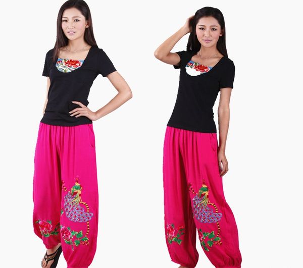 Vente en gros directe d'usine Pantalon ethnique popeline Paon en lin Pantalon grande taille Pantalon brodé de fleurs traditionnelles chinoises