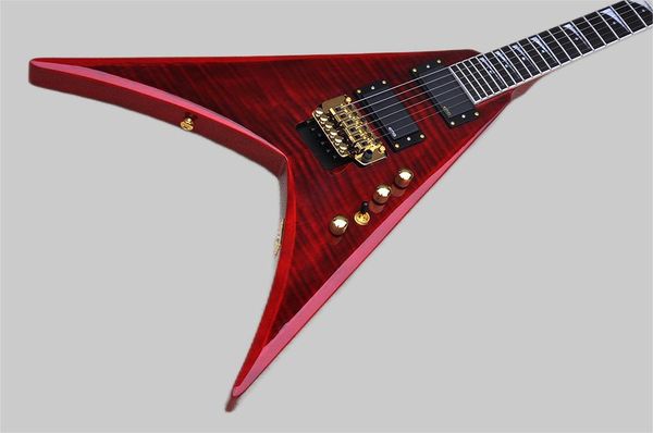 Factory Flying V Shape Red Electric Guitar con Flame Maple Napa Gold Hardware Puente de rock doble de rock