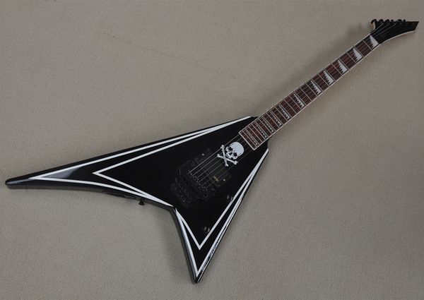 Guitarra eléctrica negra brillante de fábrica con puente trémolo, patrón de calavera, logotipo de oferta/color personalizado