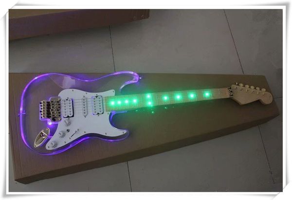 Guitarra eléctrica de cuerpo acrílico con luz LED de fábrica con puente Floyd Rose, diapasón de arce, se puede personalizar