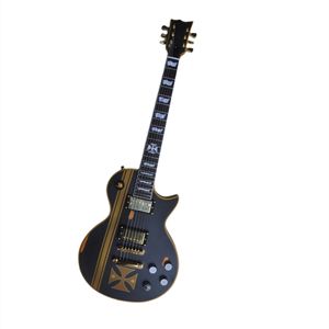 Guitarra eléctrica cruzada negra mate de fábrica con puente fijo, herrajes dorados, logotipo de oferta/color personalizado