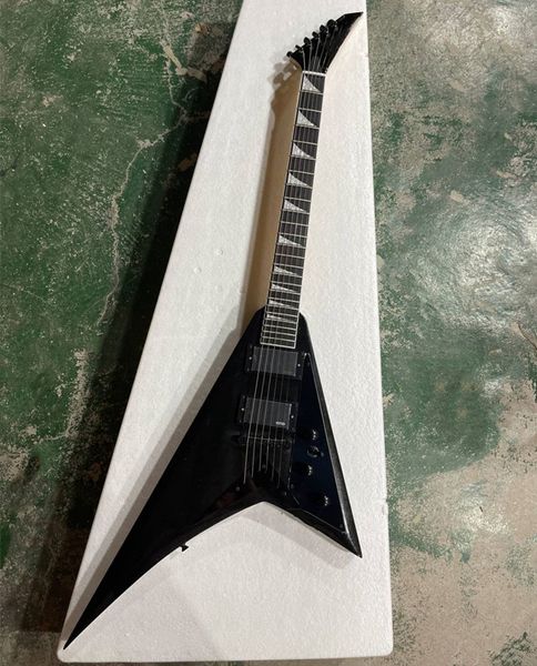 Guitare électrique noire en forme de V OEM d'usine avec chaîne à travers le corps, logo de l'offre/personnalisation de la couleur