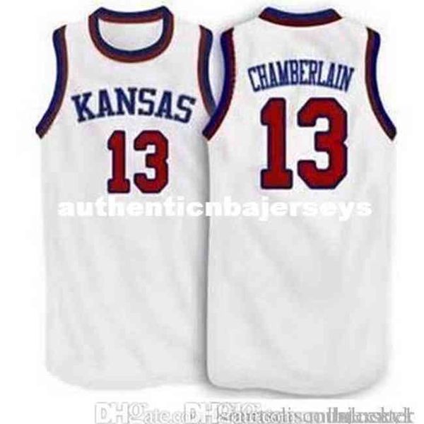 Factory Outlet # 13 Wilt Chamberlain Kansas Jayhawks College Basketball Jersey Blanc Bleu Broderie Cousu Personnalisé Maillots Personnalisés ves