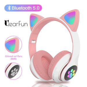 Factory Outlet Flash Light Cute Cat Ears Bluetooth Wireless Headphones with Mic Can control LED Kid Girl Stereo Music Helmet Phone Headset Gift