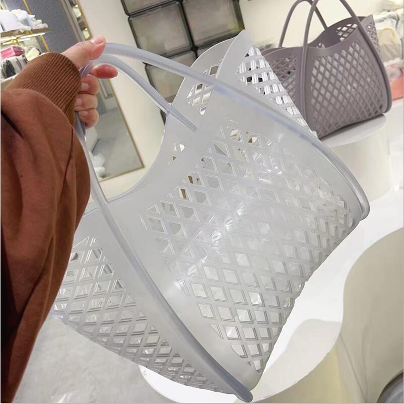 Factory outlet ladies shoulder bag simple solid color macaroon fashion food basket bag picnic shopping wash bath womens handbag sweet hollow beach bag 6006#