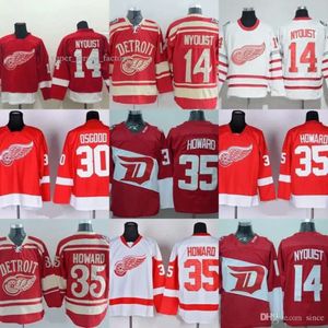 Factory Outlet Hommes Detroit Wings # 14 Gustav Nyquist # 30 Osgood # 35 Jimmy Howard Rouge Blanc Meilleure qualité Maillots de hockey sur glace Shippin gratuit 6391 3651