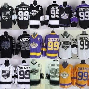 Factory Outlet Hommes Los Angeles Kings 99 Wayne Gretzky Noir Violet Blanc Jaune 100% Cousu Pas Cher Meilleure Qualité Hockey Jersey 7072