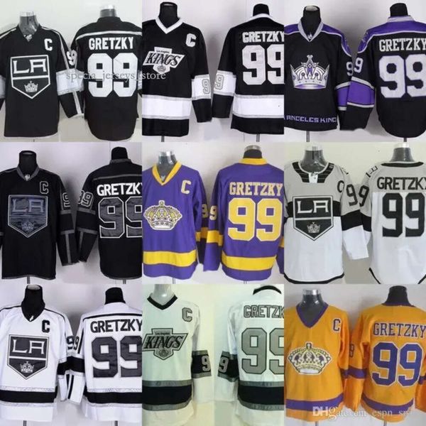 Factory Outlet Mens Los Angeles Kings 99 Wayne Gretzky Negro Púrpura Blanco Amarillo 100% Stittched Barato Mejor Calidad Hockey sobre hielo Jersey 4741 1198 7052