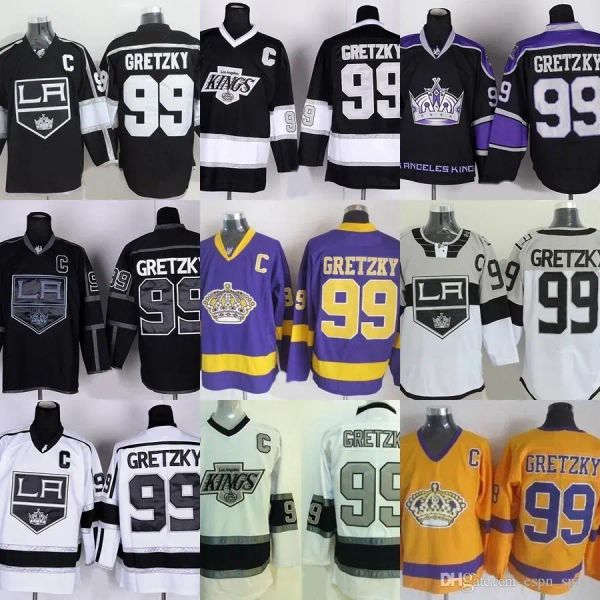 Fábrica Outlet Mens Los Ángeles Kings 99 Wayne Gretzky Negro Púrpura Blanco Amarillo 100% Stittched Barato de mejor calidad de hockey sobre hielo Jersey